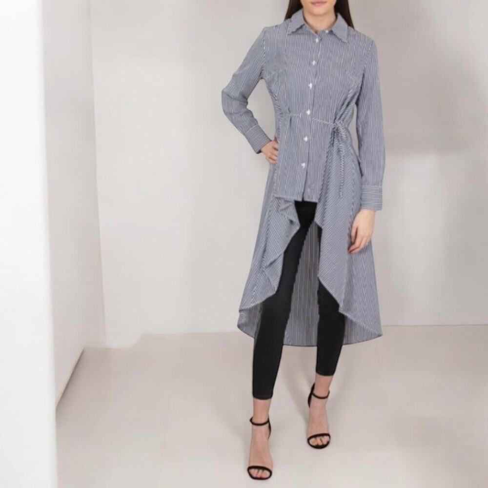 JOVONNA LONDON Shirt Dress Short Front Long Back Navy Striped Size XS 1697-14